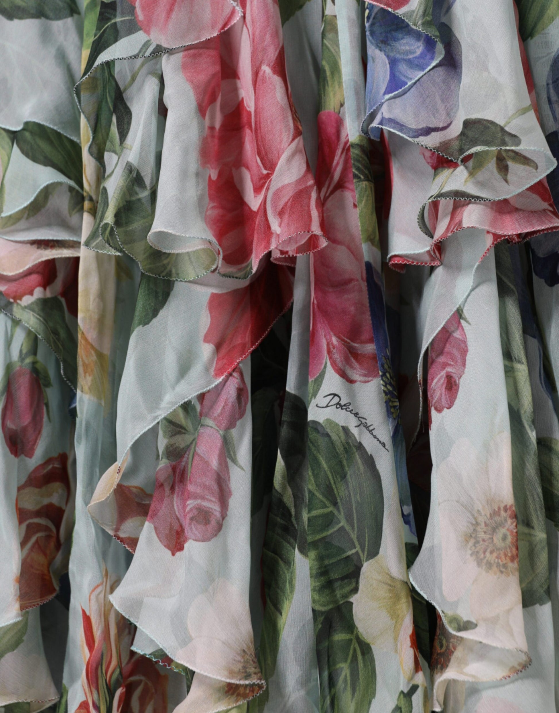 Dolce & Gabbana Blue Floral Print Tiered Long Maxi Dress