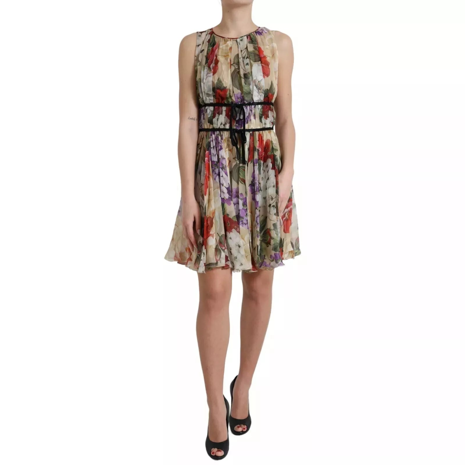 Dolce & Gabbana Beige Floral Sleeveless A-line Mini Dress
