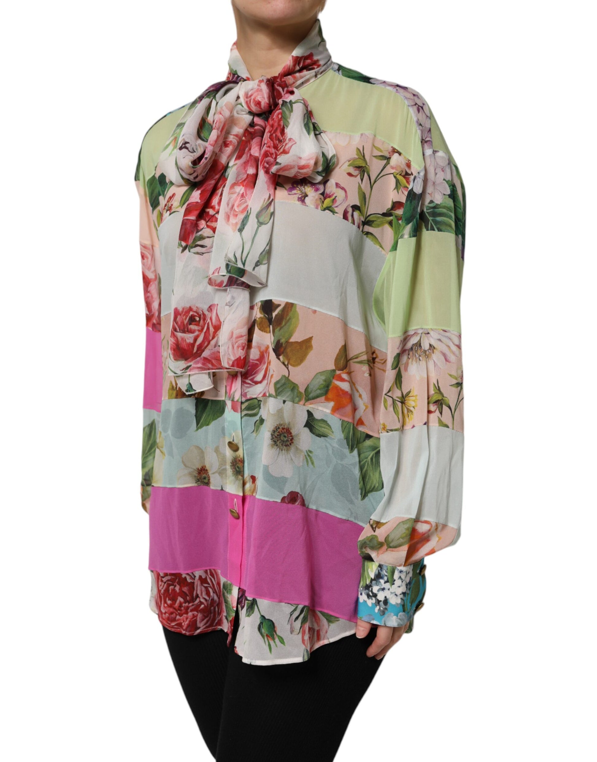 Dolce & Gabbana Multicolor Floral Patchwork Ascot Collar Top