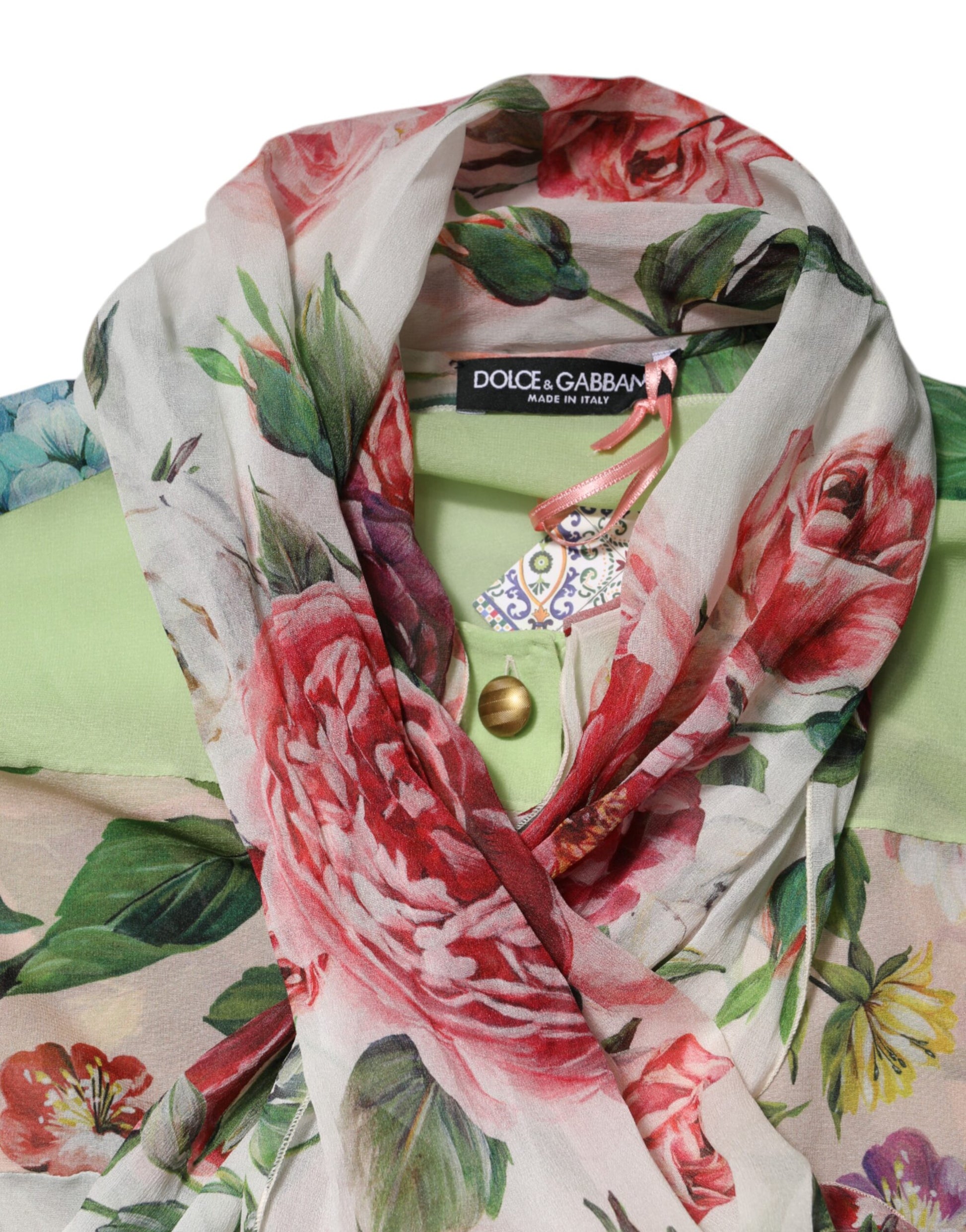 Dolce & Gabbana Multicolor Floral Patchwork Ascot Collar Top