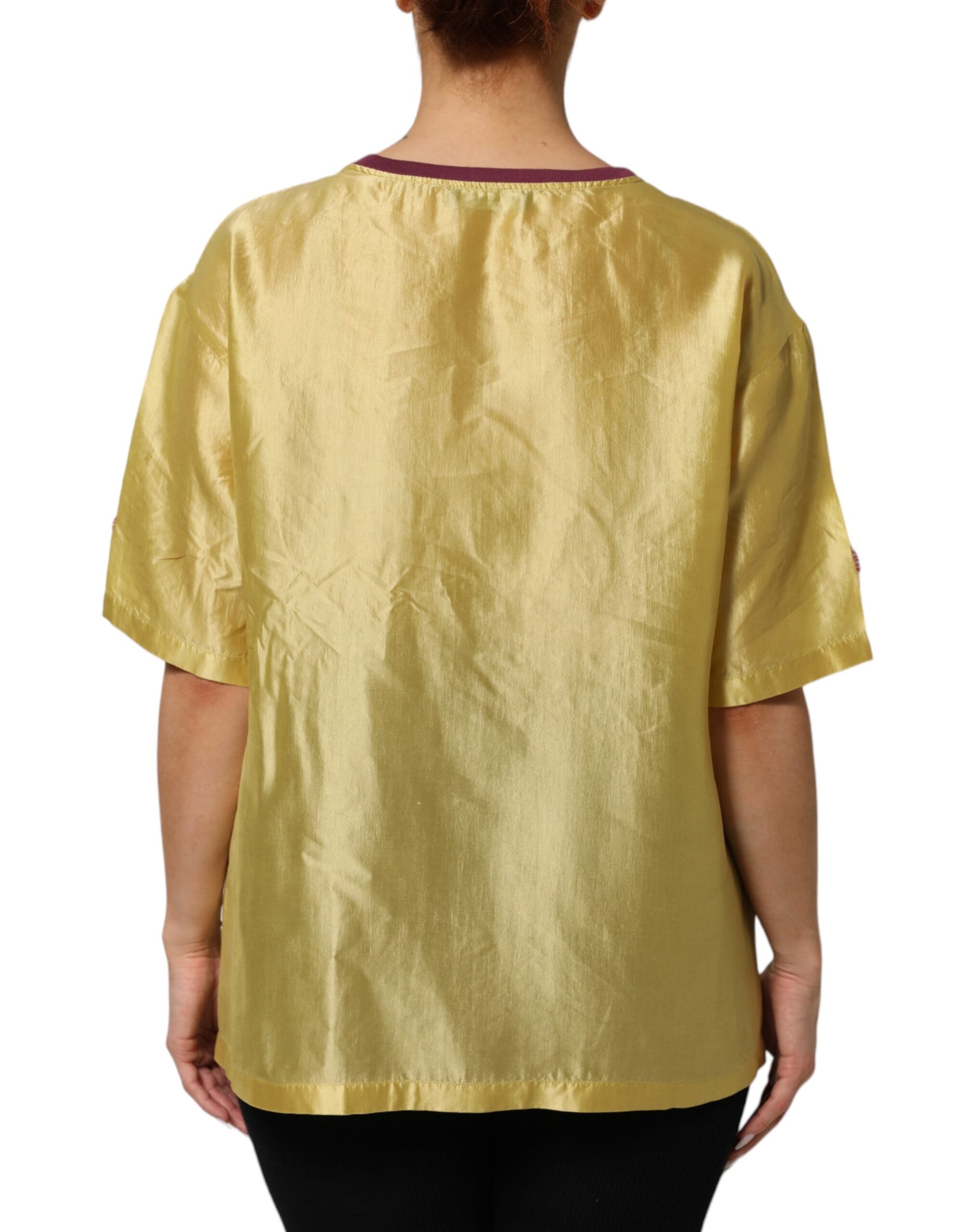 Dolce & Gabbana Yellow Silk Satin Floral Lace Short Sleeves Top