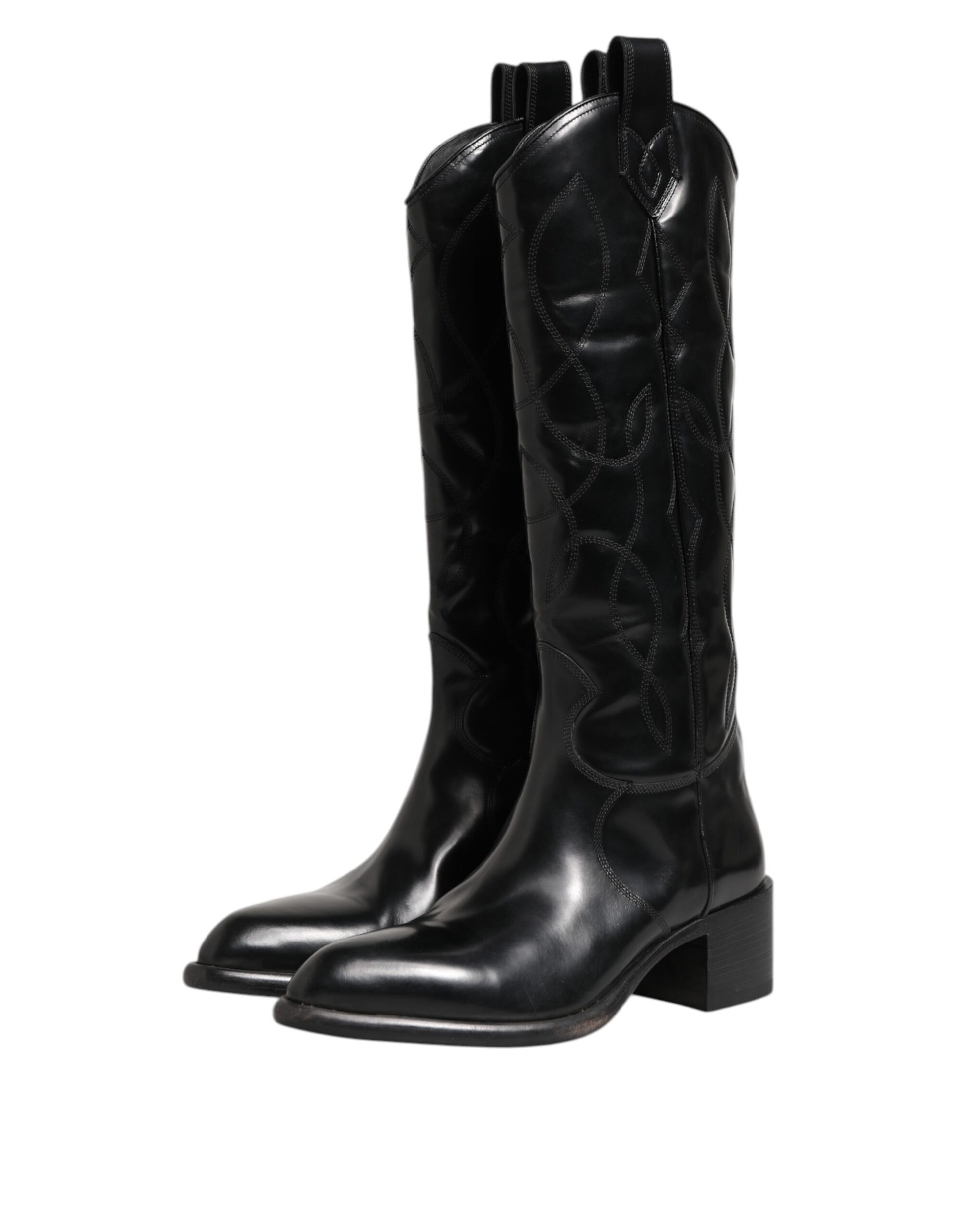 Dolce & Gabbana Black Leather Over The Calf Biker Boots Shoes