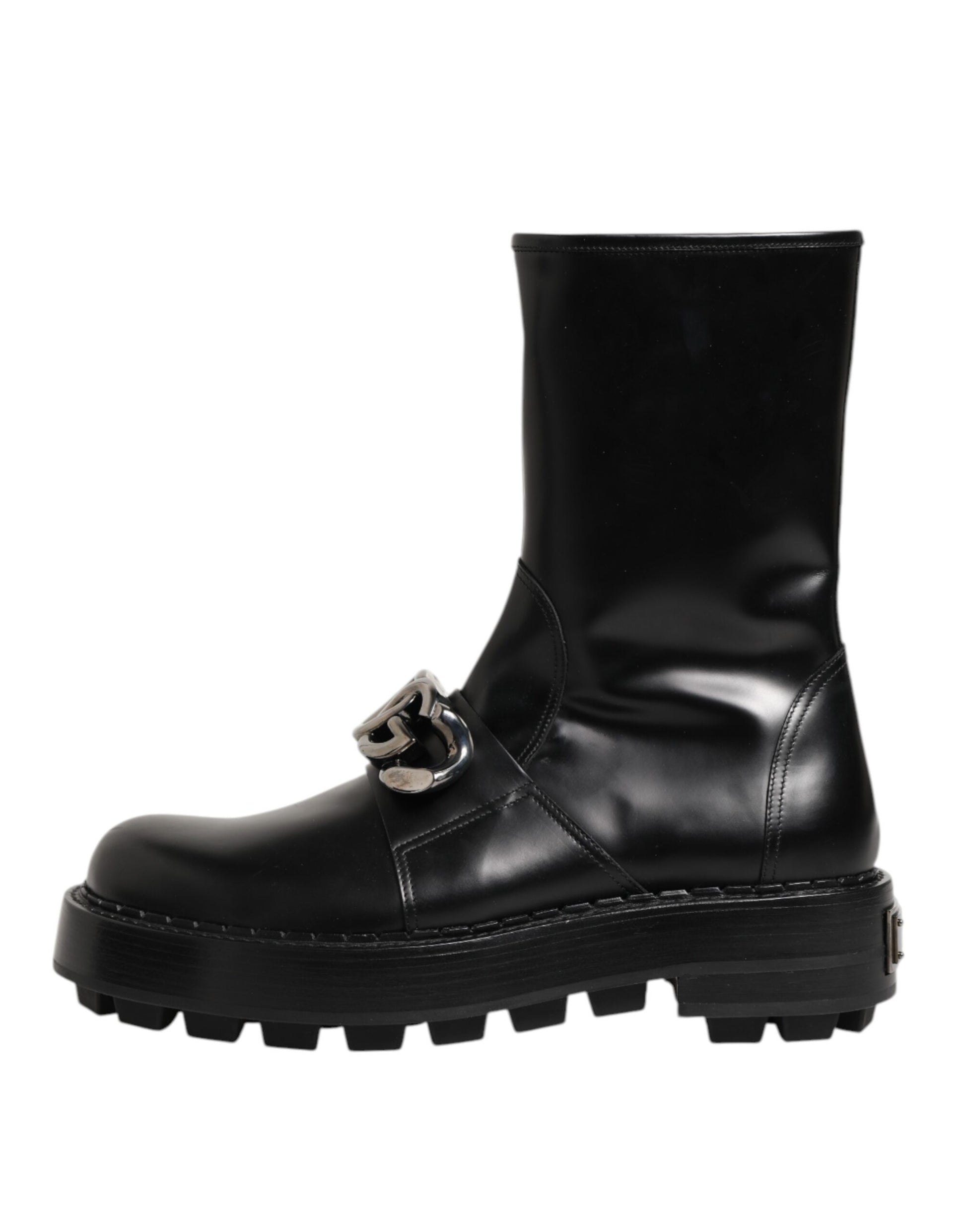 Dolce & Gabbana Black Logo Plaque Mid Calf Biker Boots Shoes