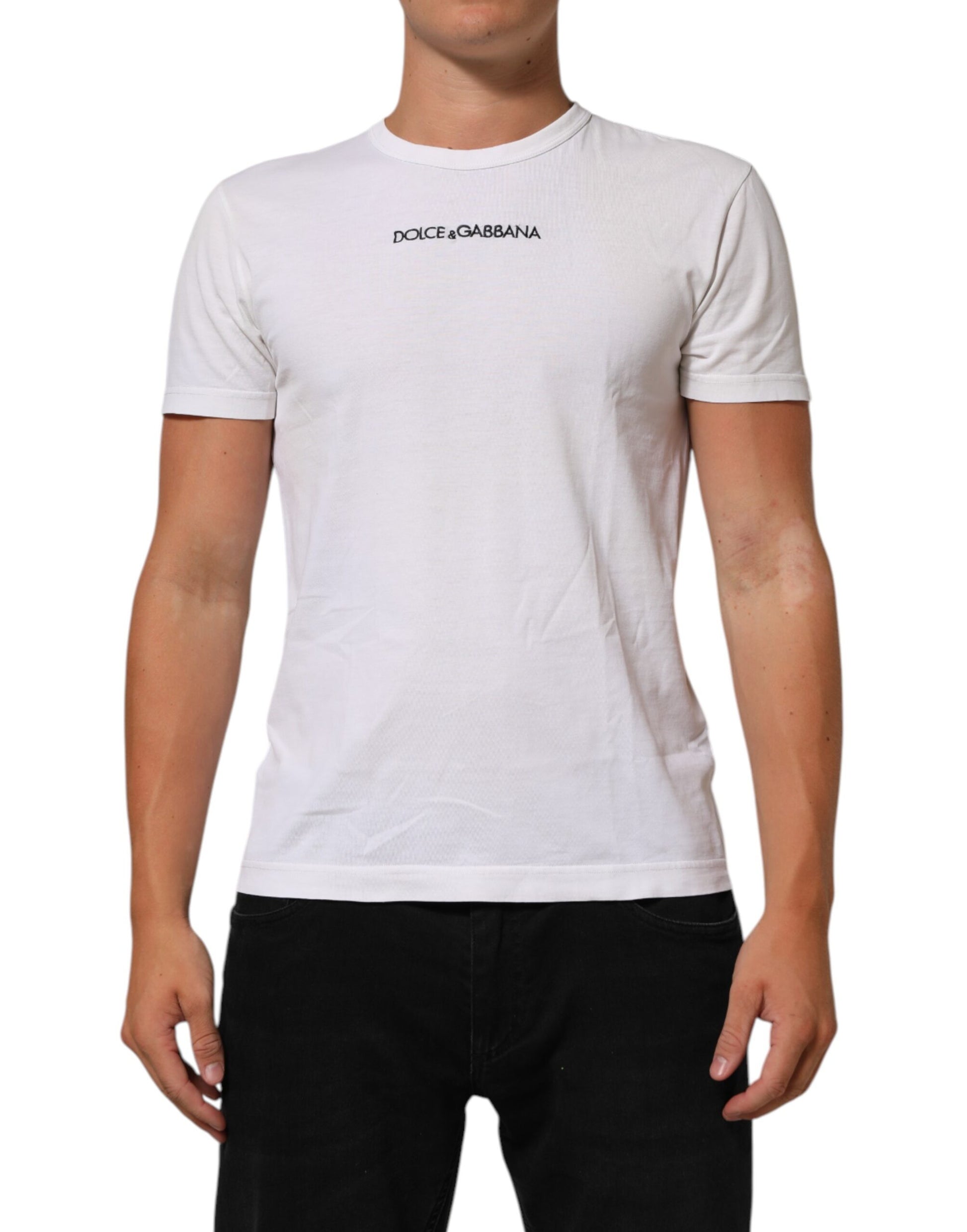 Dolce & Gabbana White Logo Print Cotton Crew Neck Men T-shirt