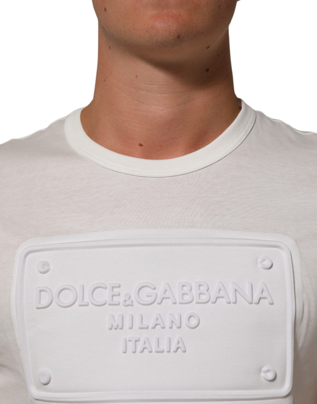 Dolce & Gabbana White Logo Patch Cotton Crew Neck Men T-shirt